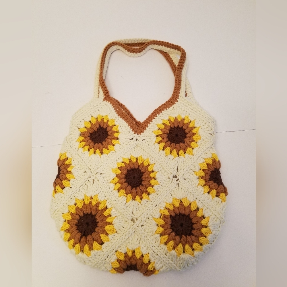 Beautiful Handmade Crochet Sunflower Bag Shoulder Hand Bag Lined